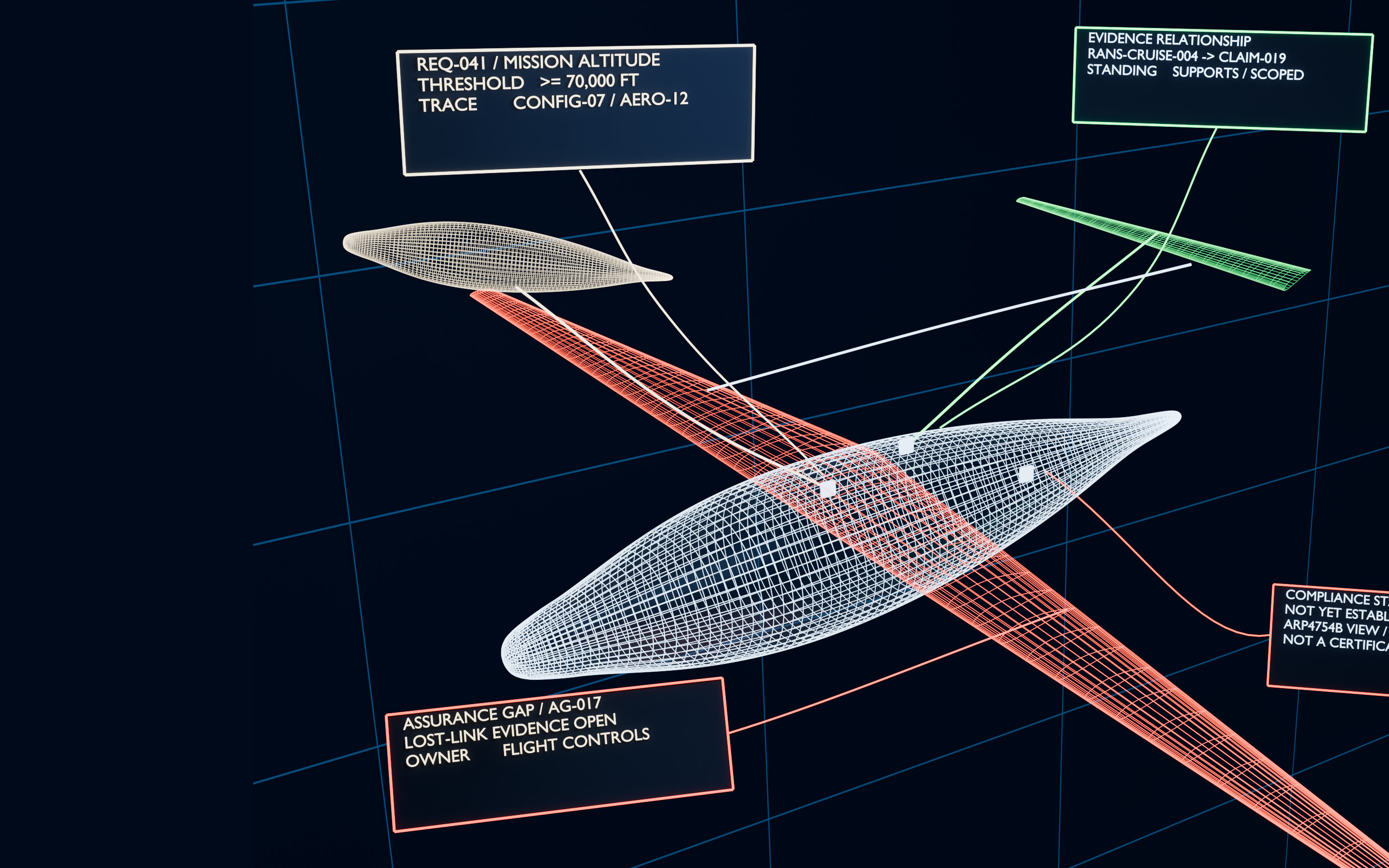 A conceptual aircraft in a virtual engineering hangar.